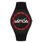 Black silicone strap quartz watch with red round dial, scale markers, and three hands