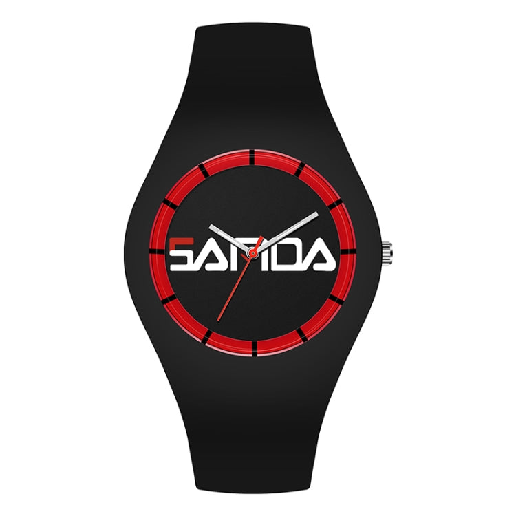 Black silicone strap quartz watch with red round dial, scale markers, and three hands