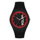 Black silicone strap quartz watch with red round dial, scale markers, and three hands