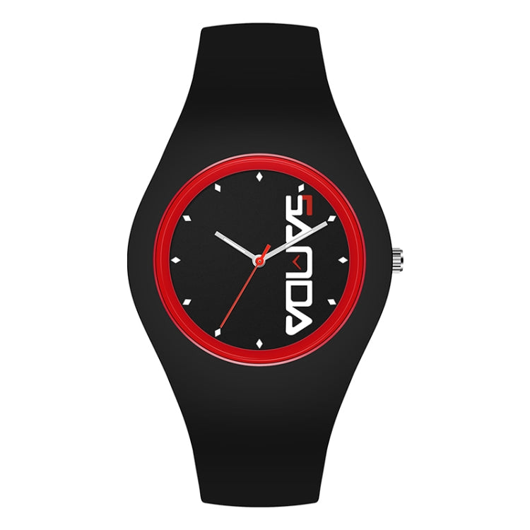 Black silicone strap quartz watch with red round dial, scale markers, and three hands