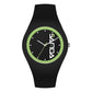 Black silicone strap quartz watch with green round dial, scale markers, and three hands