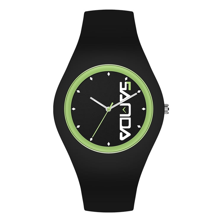 Black silicone strap quartz watch with green round dial, scale markers, and three hands