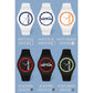Six silicone strap watch variants: white blue, white orange, black red, black green