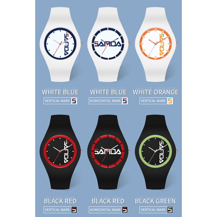 Six silicone strap watch variants: white blue, white orange, black red, black green