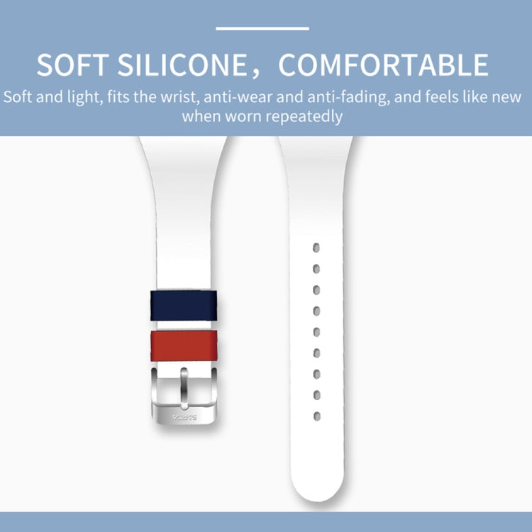 White silicone watch strap with blue and red segments and metal buckle
