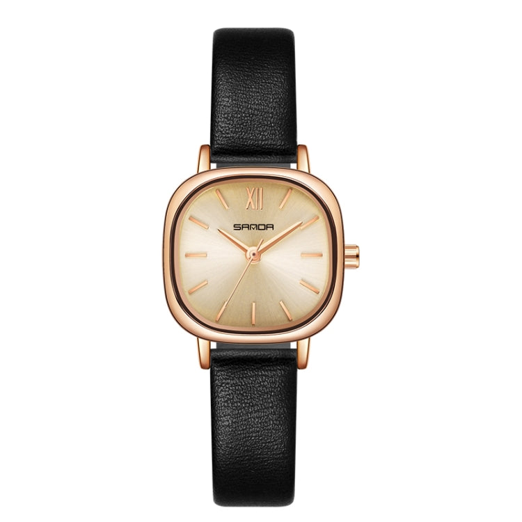 Women’s quartz watch with black leather strap and oval cream dial