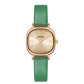 Women’s quartz watch with green leather strap and oval cream dial