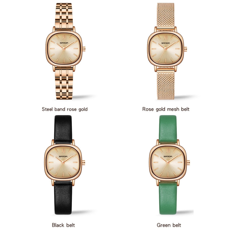 Women’s quartz watch variations: rose gold steel, black leather, green leather, rose mesh