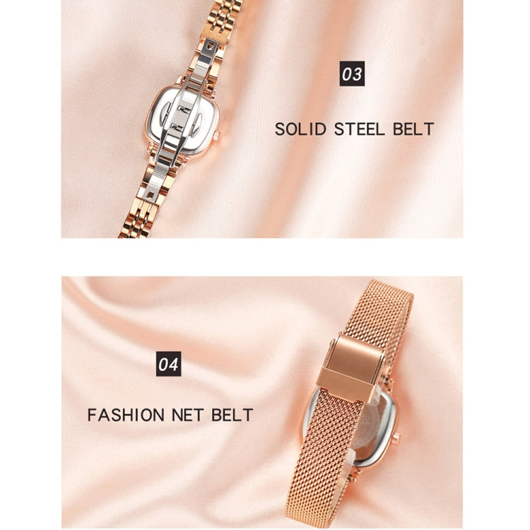 Women’s quartz watch belt details: rose gold steel clasp and mesh net strap