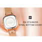 Women’s quartz watch case back with rose gold mesh strap, round stainless cover