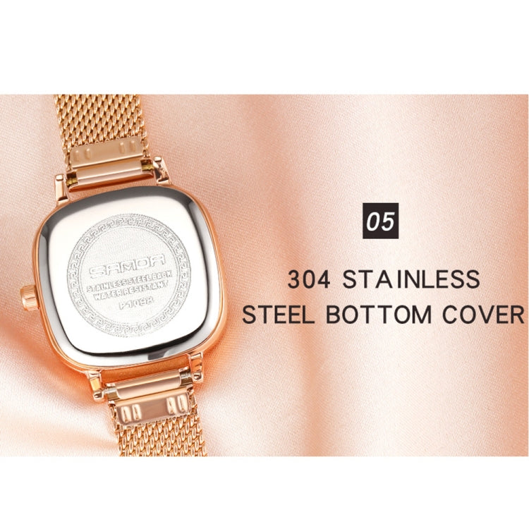 Women’s quartz watch case back with rose gold mesh strap, round stainless cover