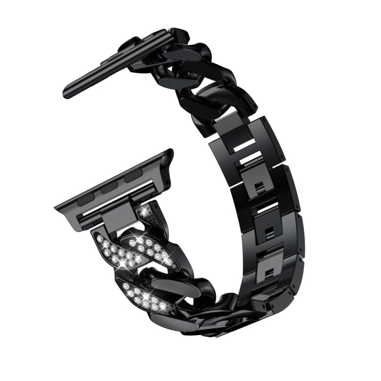 Black alloy watch band with diamond-inlaid crystal links and clasp, shown flat
