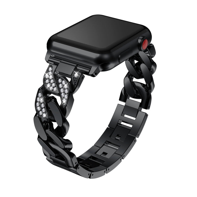 Black alloy watch band with crystal inlaid links and square smartwatch case
