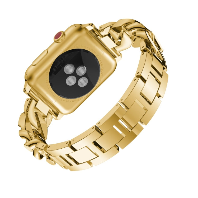 Gold alloy watch band with diamond-style link design and square smartwatch face