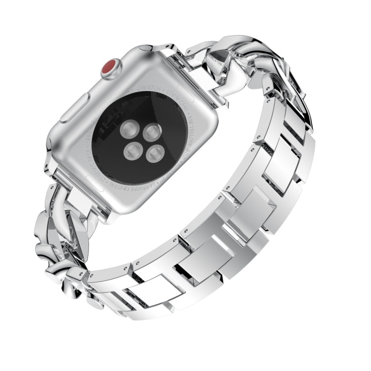 Silver alloy watch band with diamond-style link design and square smartwatch face