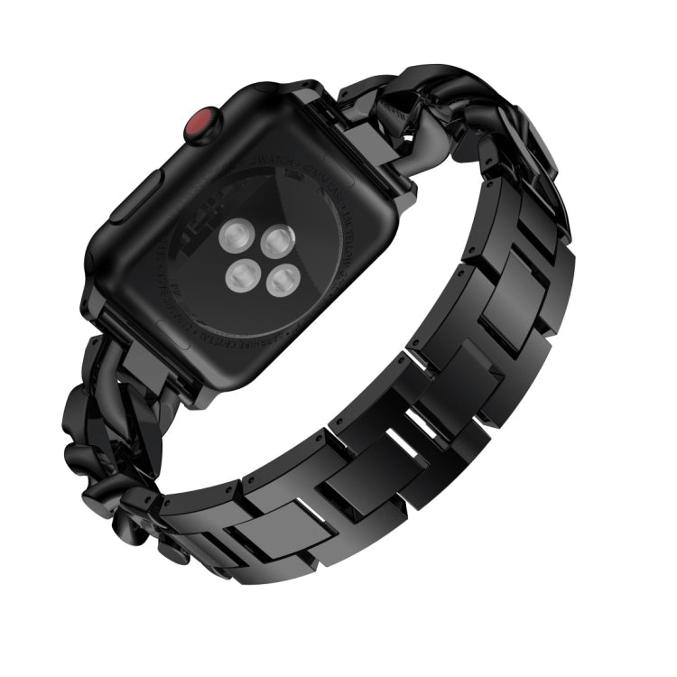 Black alloy watch band with diamond-style link design and square smartwatch face