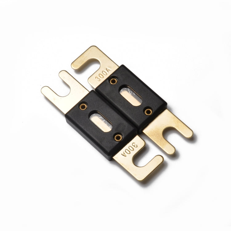 Pair of 300A ANL car fuses with gold-plated fork terminals and black housings