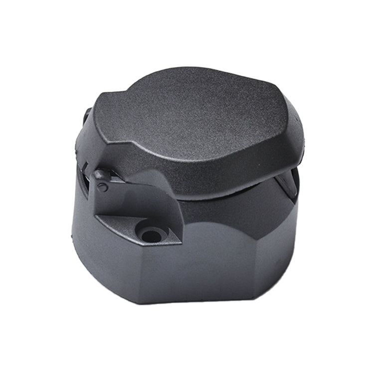 Trailer connector socket with protective cover, black plastic housing and side opening