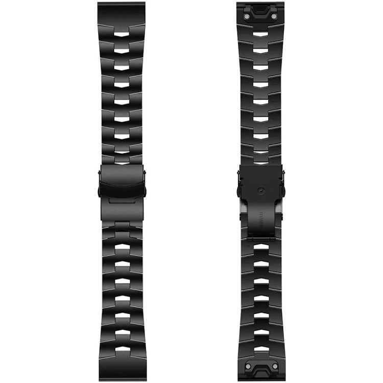 Black metal watch band with rectangular links and quick-release clasp pieces, side view.