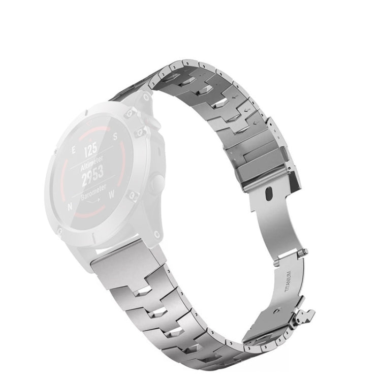 Silver titanium alloy quick-release watch band with rectangular links and metal buckle.