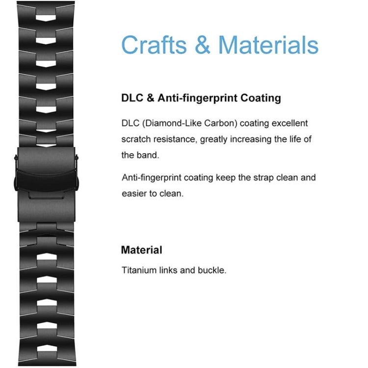Black titanium alloy watch band with rectangular links and integrated clasp attachment.