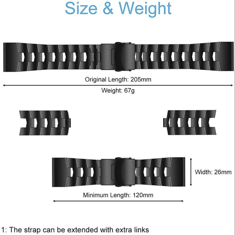 Black rectangular-link watch band shown with band width and length layout diagram.