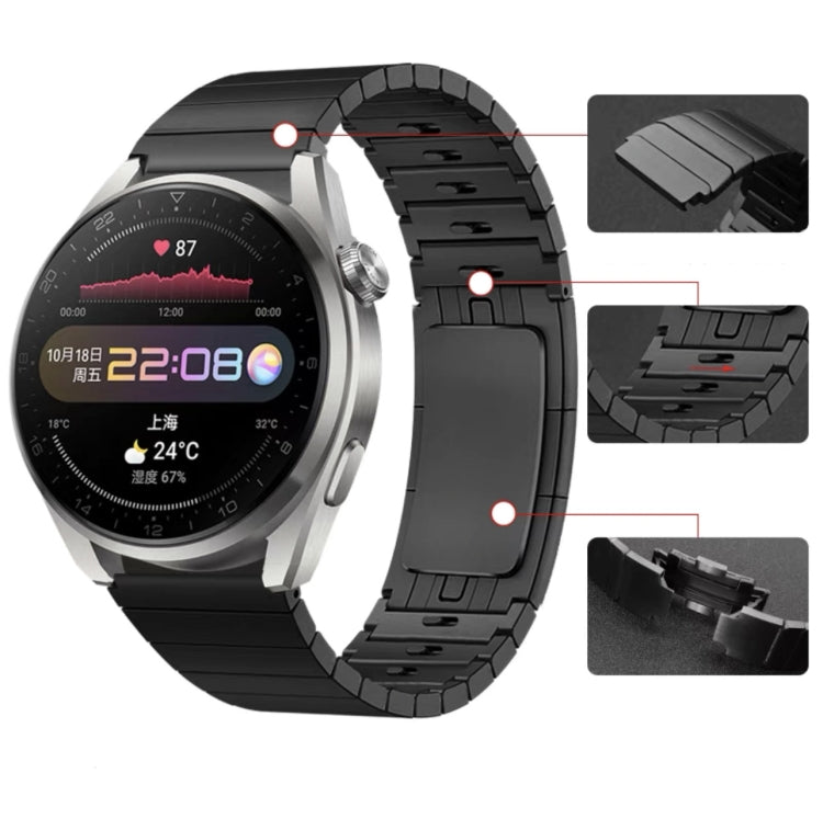 Black metal watch band with ribbed links and adjustable pin insert points