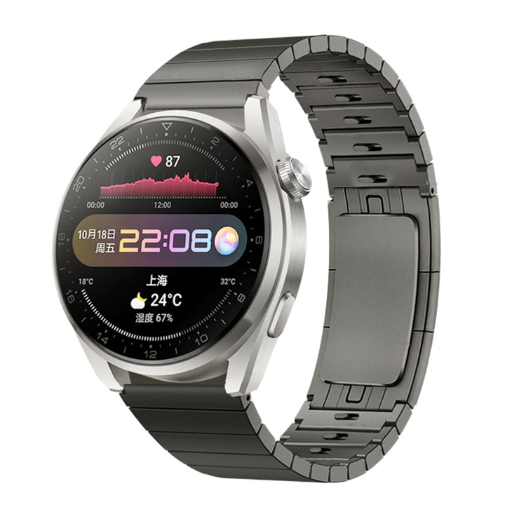 Dark gray ribbed link stainless steel watch band on smartwatch