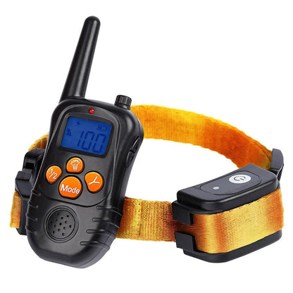 Remote-controlled dog bark collar system with black handheld transmitter and orange fabric strap receiver
