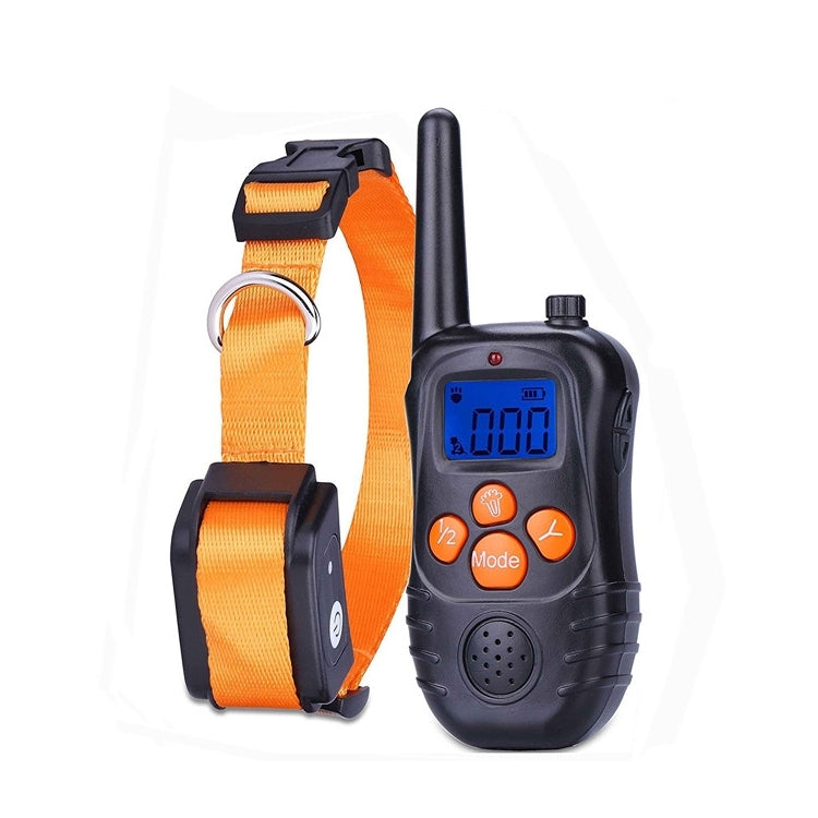 Dog bark collar receiver with orange webbing strap and black handheld remote transmitter