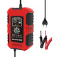 Red smart battery charger with LCD display, plug-in leads, and terminal clamps