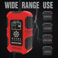 Red smart battery charger with LCD display and battery type labels on screen