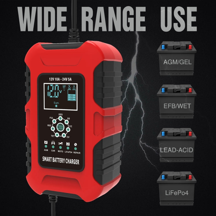 Red smart battery charger with LCD display and battery type labels on screen