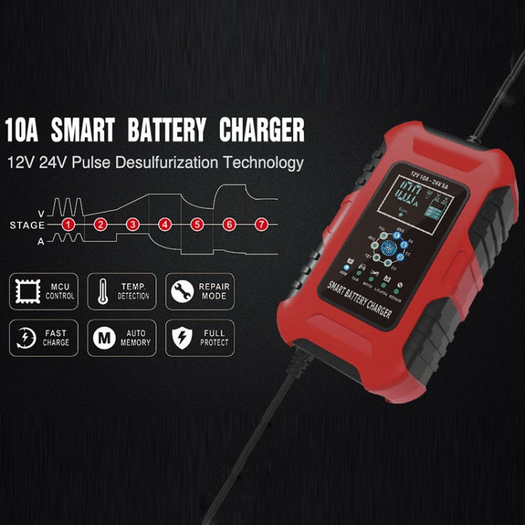 Red 10A smart battery charger with LCD control panel and long power leads