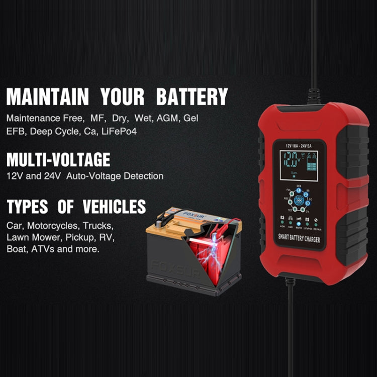 Red smart battery charger with LCD display and connected battery cable leads