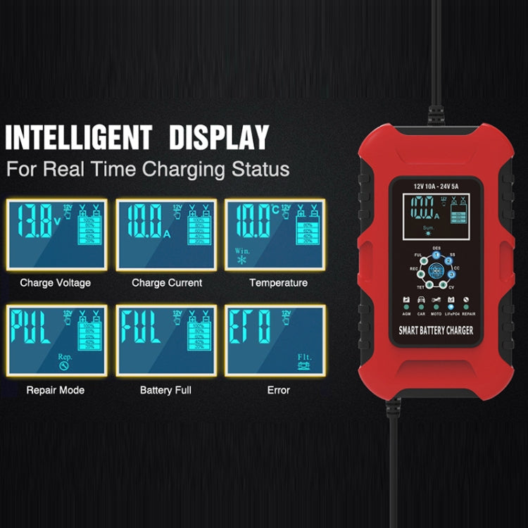 Red smart battery charger with multi-readout LCD screen and status icons
