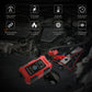Red smart battery charger connected in engine bay with clamp leads