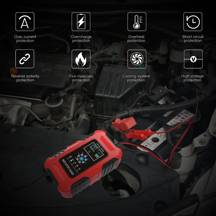 Red smart battery charger connected in engine bay with clamp leads