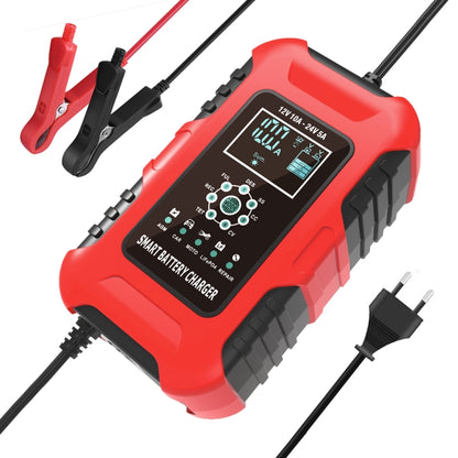 Red 12V smart battery charger with LCD screen and black power cables