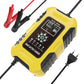 Yellow 12V smart battery charger with LCD screen and black power cables