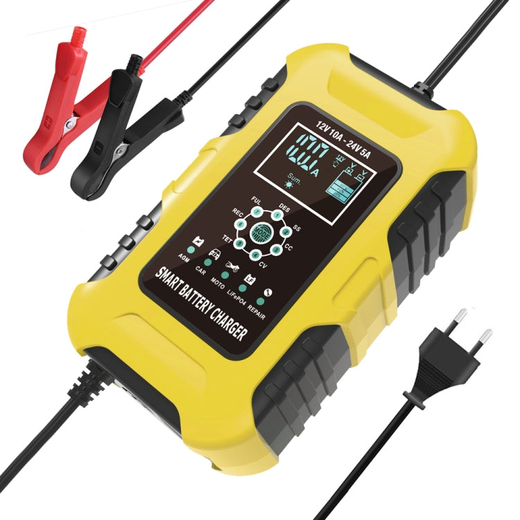 Yellow 12V smart battery charger with LCD screen and black power cables