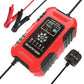 Red smart battery charger with LCD screen and plug adapter for power lead