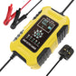 Yellow smart battery charger with display, clamp leads and plug connection