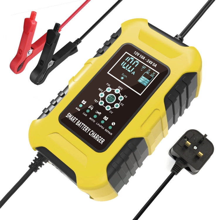 Yellow smart battery charger with display, clamp leads and plug connection