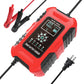 Red smart battery charger with display, clamp leads and AC plug