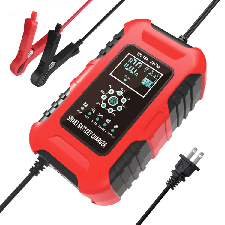 Red smart battery charger with display, clamp leads and AC plug