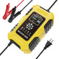 Yellow smart battery charger with display and cable, clamp leads attached