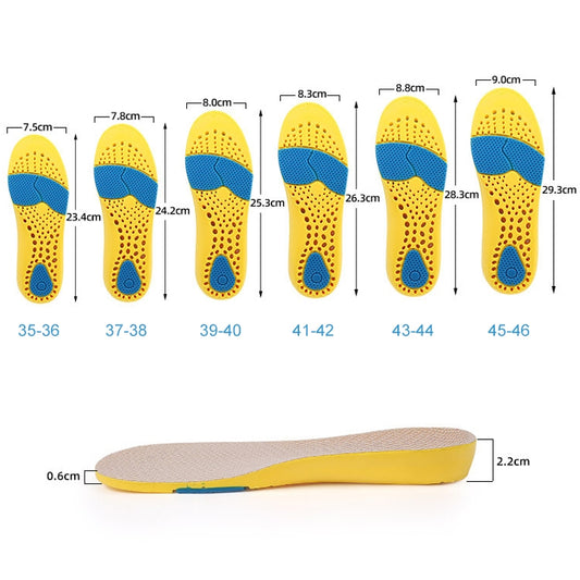 Cuttable full-length shoe insole with blue arch and heel cushioning on yellow base