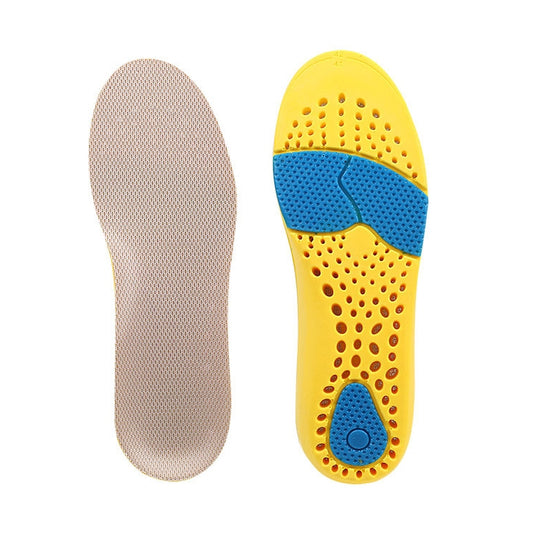 Full-length shoe insole with breathable gray top and yellow underside with blue heel pad
