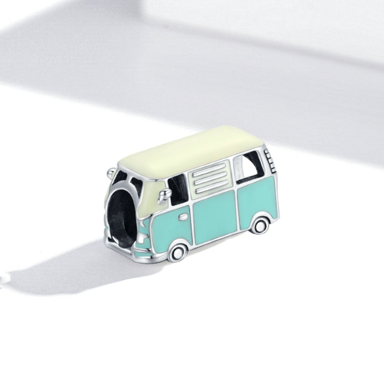Mini bus charm bead with mint and pale yellow enamel panels on oxidized silver